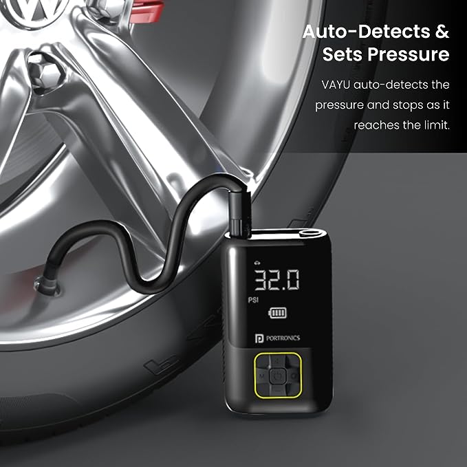 Portronics Vayu Portable Tyre Inflator/Air Compressor with Digital Display, 4000 mAh Battery, Auto Shut Off Suitable for Cars, Motorcycles, Bicycles Portronics Vayu Portable Tyre Inflator/Air Compressor with Digital Display, 4000 mAh Battery, Auto Shut Off Suitable for Cars, Motorcycles, Bicycles